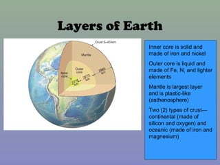 Layers of Earth
             Inner core is solid and
             made of iron and nickel
             Outer core is liqui...