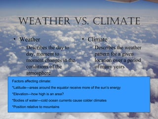 WeATher vs. ClimATe
• Weather                                  • Climate
      – Describes the day to                   – ...