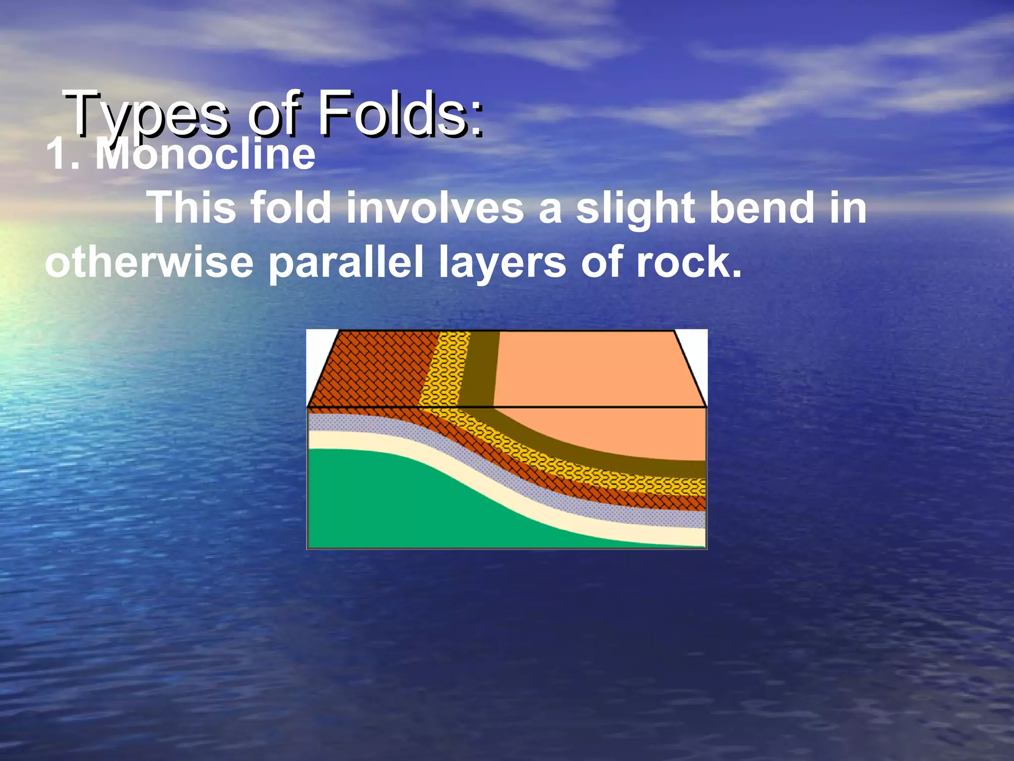 TTyyppeess ooff FFoollddss:: 1. Monocline 
This fold involves a slight bend in 
otherwise parallel layers of rock. 
 