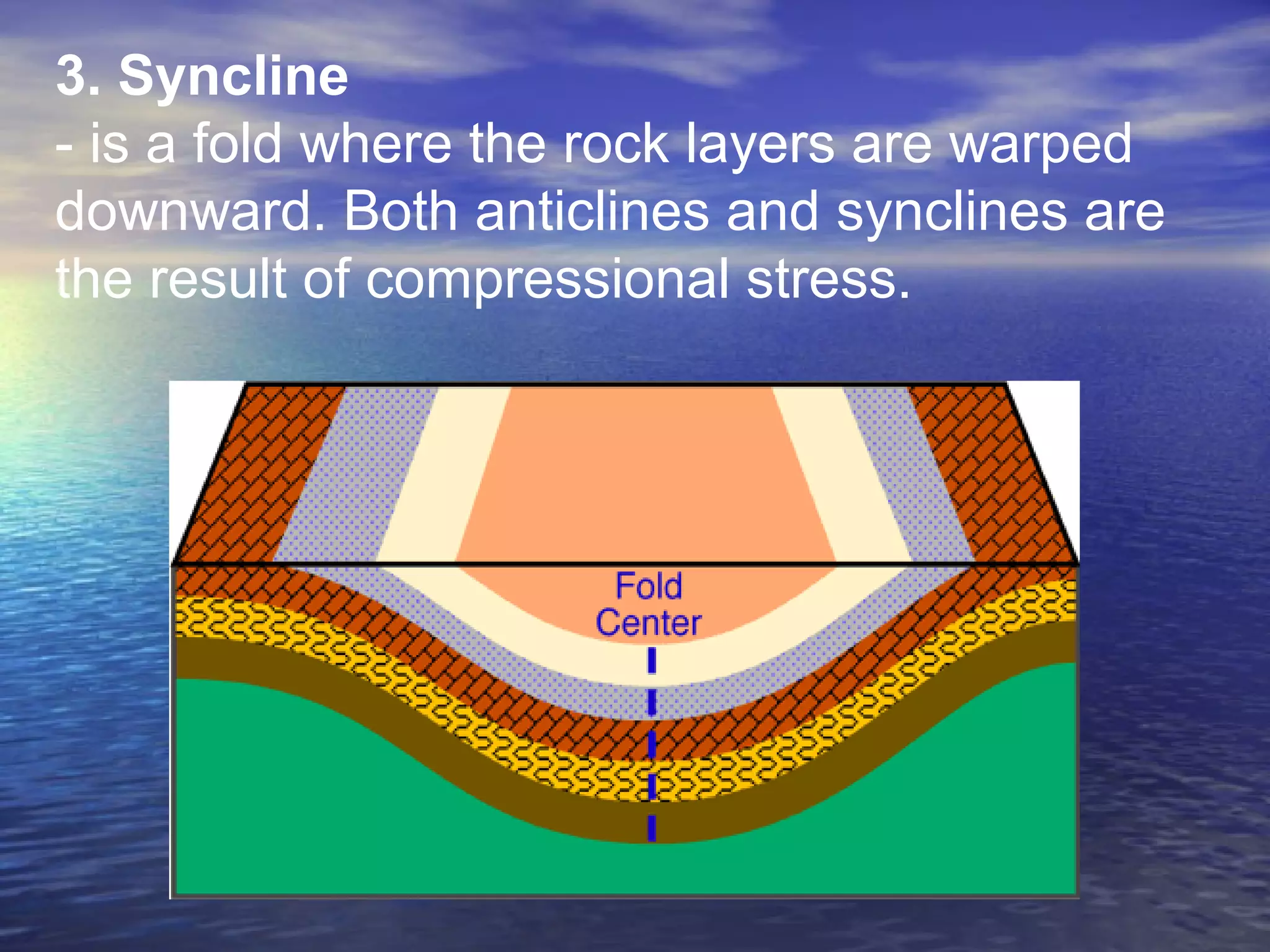 3. Syncline 
- is a fold where the rock layers are warped 
downward. Both anticlines and synclines are 
the result of compressional stress. 
 
