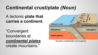 Continental crust/plate (Noun)
A tectonic plate that
carries a continent.
“Convergent
boundaries at
continental plates
create mountains.”
 