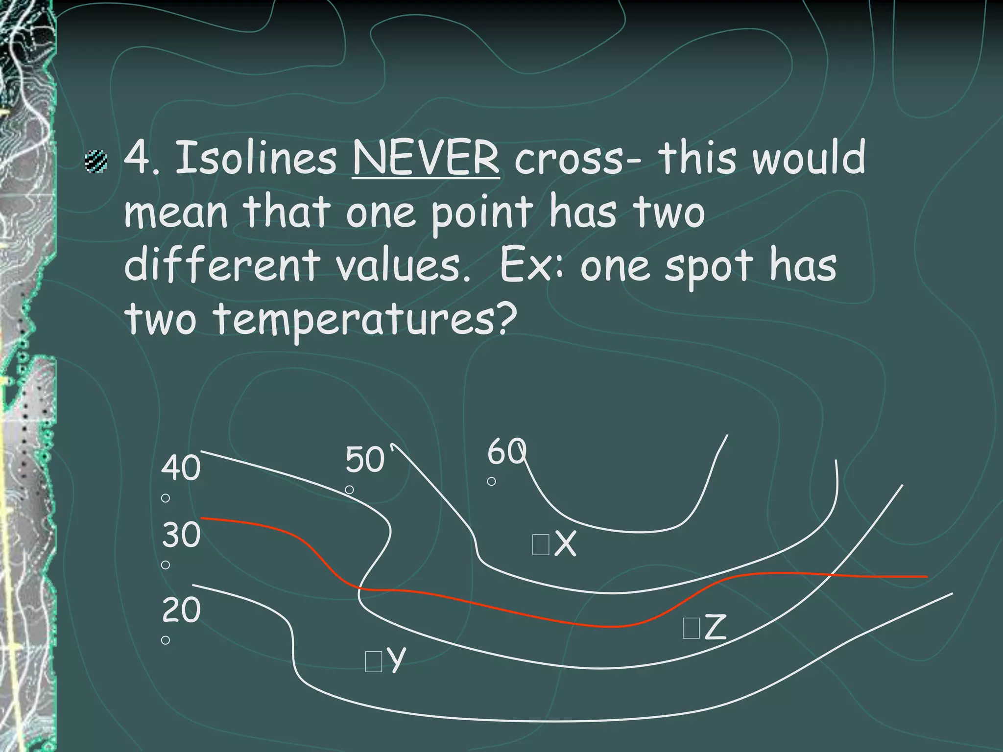 General Contour Map RulesRule of ‘V’s – as contour lines cross a stream they bend uphill.The steeper the slope the closer the lines are to each other.