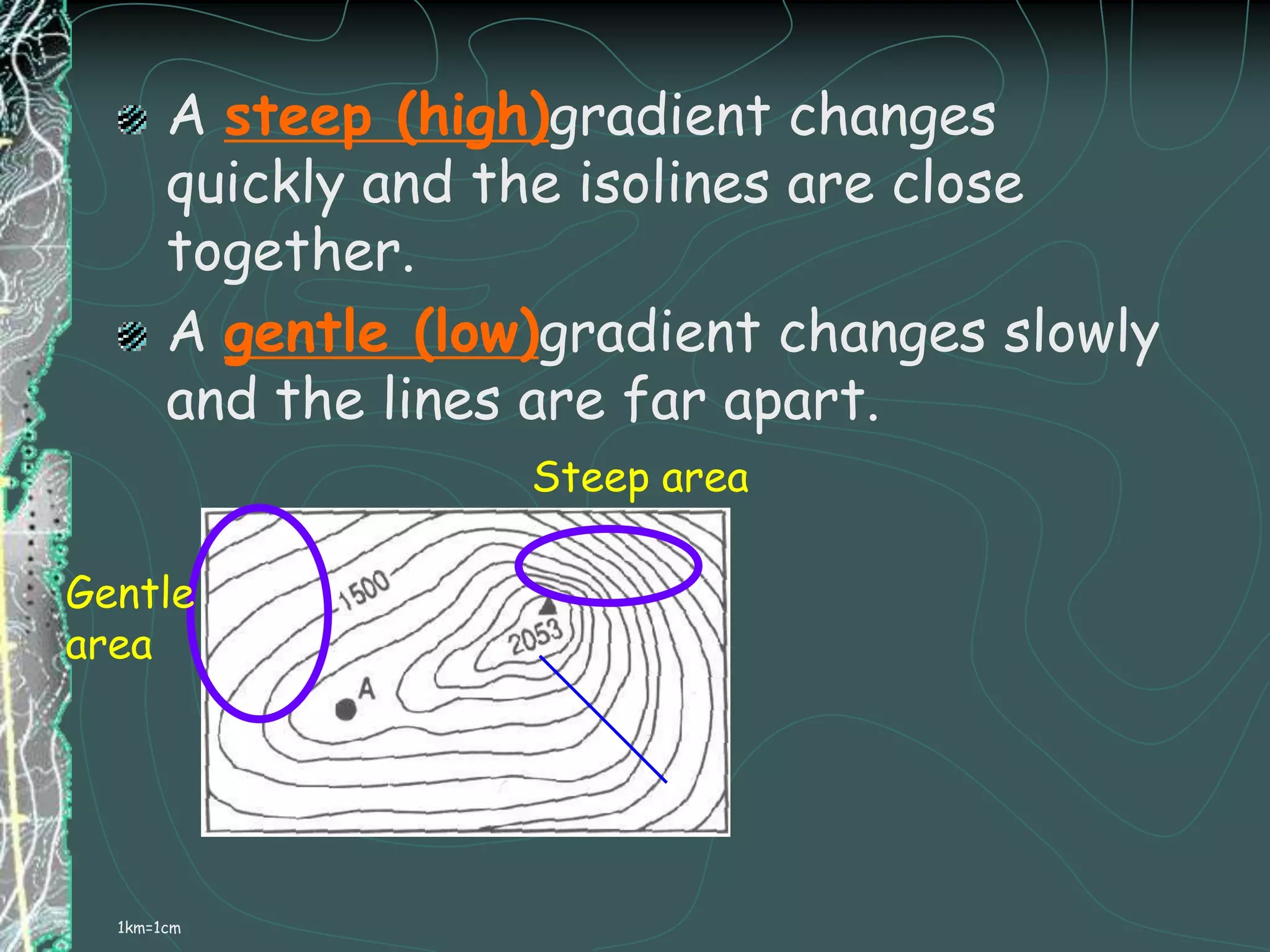 Continue drawing a contour line until it reaches the boundary of plotted data or “closes” to form a loop by making its way to its starting point.