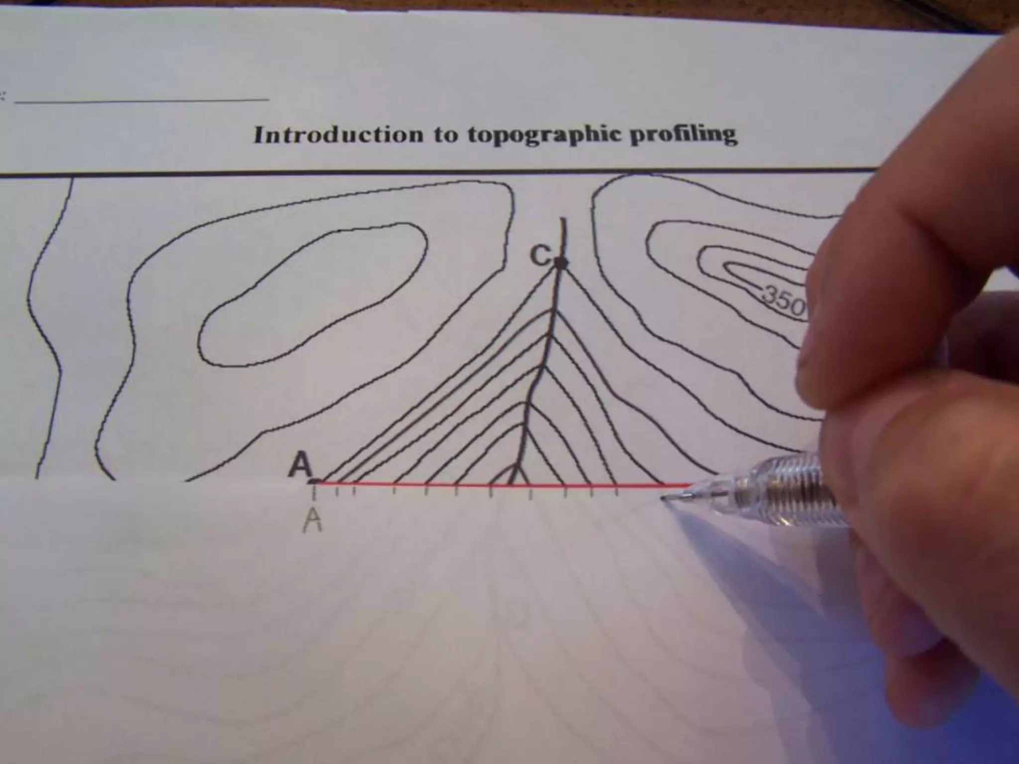 Calculate the gradient of the slope along the line drawn in the diagram. Assume that elevations are given in feet. Show work including formula below:Steep areaGentle area1km=1cm