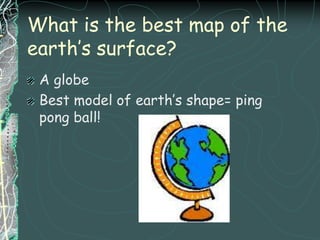 What is the best map of the earth’s surface? A globeBest model of earth’s shape= ping pong ball!