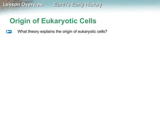 Lesson Overview

Earth’s Early History

Origin of Eukaryotic Cells
What theory explains the origin of eukaryotic cells?

 