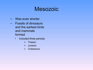Mesozoic Was even shorter  Fossils of dinosaurs  and the earliest birds and mammals formed  Included three periods Triassic Jurassic  Cretaceous  