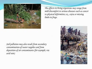 The effects in living organisms may range from mild discomfort to serious diseases such as cancer to physical deformities; ex., extra or missing limbs in frogs. Soil pollution may also result from secondary contamination of water supplies and from deposition of air contaminants (for example, via acid rain) 
