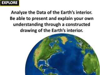 Analyze the Data of the Earth’s interior.
Be able to present and explain your own
understanding through a constructed
drawing of the Earth’s interior.
 