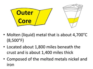 Outer
Core
• Molten (liquid) metal that is about 4,700°C
(8,500°F)
• Located about 1,800 miles beneath the
crust and is about 1,400 miles thick
• Composed of the melted metals nickel and
iron
 
