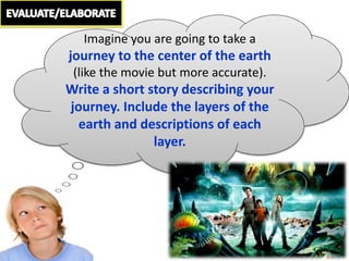 Imagine you are going to take a
journey to the center of the earth
(like the movie but more accurate).
Write a short story describing your
journey. Include the layers of the
earth and descriptions of each
layer.
 