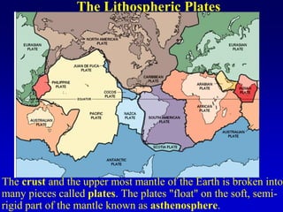 The Lithospheric Plates
The crust and the upper most mantle of the Earth is broken into
many pieces called plates. The plates "float" on the soft, semi-
rigid part of the mantle known as asthenosphere.
 