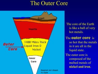 The Outer Core
The core of the Earth
is like a ball of very
hot metals.
The outer core is
so hot that the metals
in it are all in the
liquid state.
The outer core is
composed of the
melted metals of
nickel and iron.
 