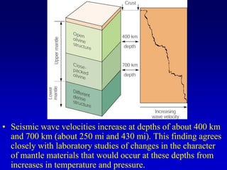 • Seismic wave velocities increase at depths of about 400 km
and 700 km (about 250 mi and 430 mi). This finding agrees
closely with laboratory studies of changes in the character
of mantle materials that would occur at these depths from
increases in temperature and pressure.
 