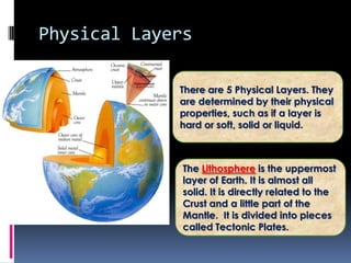 Physical Layers

             There are 5 Physical Layers. They
             are determined by their physical
             properties, such as if a layer is
             hard or soft, solid or liquid.



              The Lithosphere is the uppermost
              layer of Earth. It is almost all
              solid. It is directly related to the
              Crust and a little part of the
              Mantle. It is divided into pieces
              called Tectonic Plates.
 