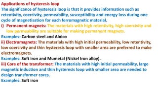 Applications of hysteresis loop
The significance of hysteresis loop is that it provides information such as
retentivity, coercivity, permeability, susceptibility and energy loss during one
cycle of magnetisation for each ferromagnetic material.
i) Permanent magnets: The materials with high retentivity, high coercivity and
low permeability are suitable for making permanent magnets.
Examples: Carbon steel and Alnico
ii) Electromagnets: The materials with high initial permeability, low retentivity,
low coercivity and thin hysteresis loop with smaller area are preferred to make
electromagnets.
Examples: Soft iron and Mumetal (Nickel Iron alloy).
iii) Core of the transformer: The materials with high initial permeability, large
magnetic induction and thin hysteresis loop with smaller area are needed to
design transformer cores.
Examples: Soft iron
 