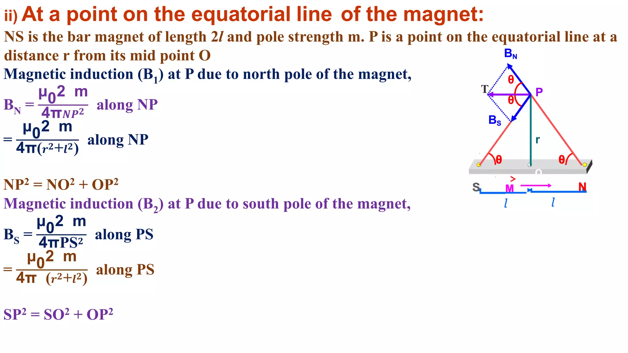 l
BS
BN
r
P
θ
θ
ii) At a point on the equatorial line of the magnet:
NS is the bar magnet of length 2l and pole strength m. P is a point on the equatorial line at a
distance r from its mid point O
Magnetic induction (B1) at P due to north pole of the magnet,
BN =
μ02 m
4π𝑵𝑷𝟐
along NP
=
μ02 m
4π(𝒓𝟐+𝒍𝟐)
along NP
NP2 = NO2 + OP2
Magnetic induction (B2) at P due to south pole of the magnet,
BS =
μ02 m
4πPS𝟐
along PS
=
μ02 m
4π (𝒓𝟐+𝒍𝟐)
along PS
SP2 = SO2 + OP2
l l
l
θ θ
O
S M N
T
BS
BN
T
θ θ
O
S M N
 