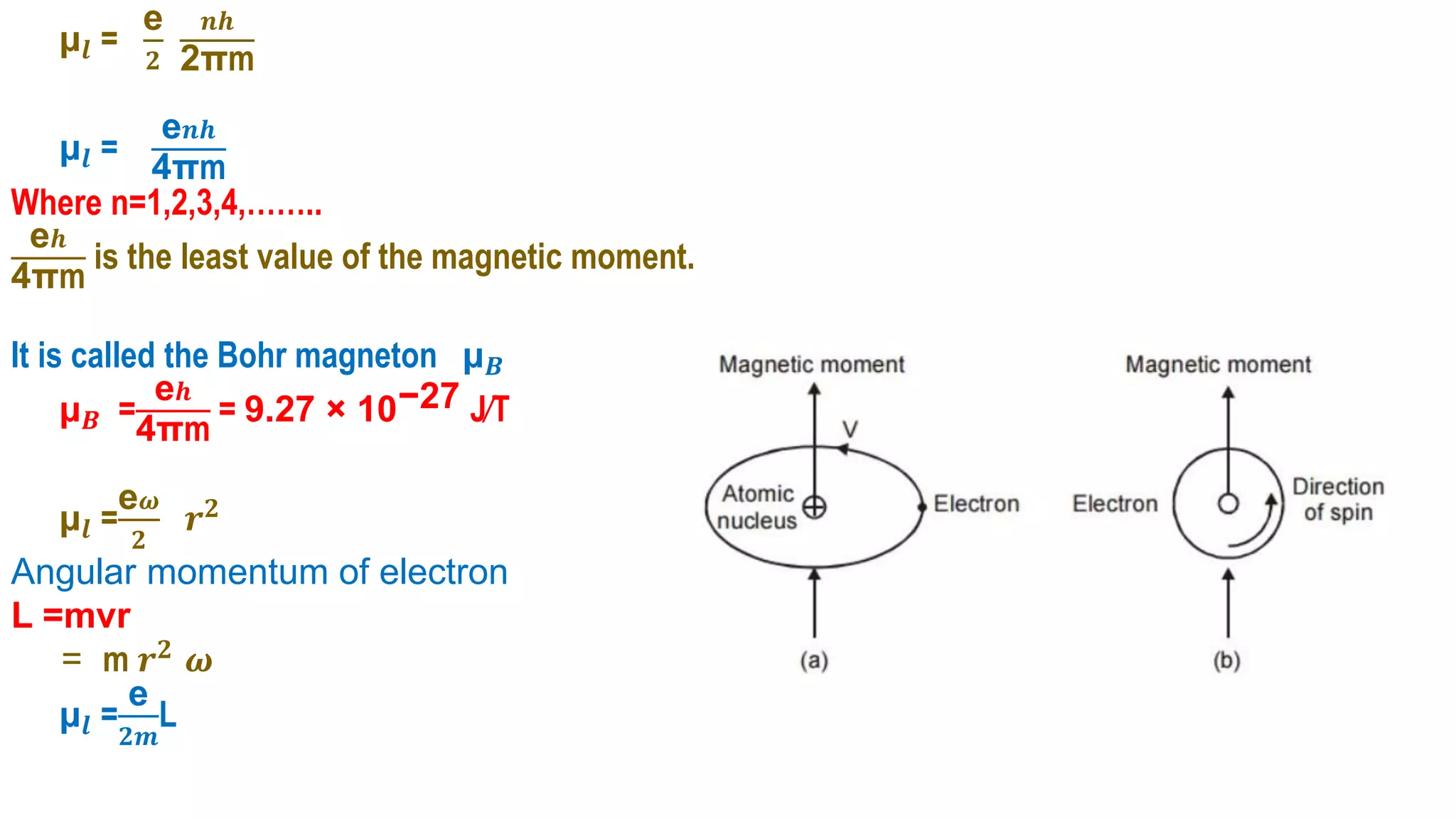 μ𝒍 =
e
𝟐
𝒏𝒉
2πm
μ𝒍 =
e𝒏𝒉
4πm
Where n=1,2,3,4,……..
e𝒉
4πm
is the least value of the magnetic moment.
It is called the Bohr magneton μ𝑩
μ𝑩 =
e𝒉
4πm
= 9.27 × 10−27 J⁄T
μ𝒍 =
e𝝎
𝟐
𝒓𝟐
Angular momentum of electron
L =mvr
= m 𝒓𝟐 𝝎
μ𝒍 =
e
𝟐𝒎
L
 