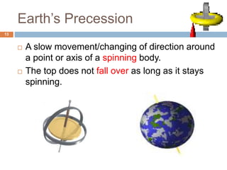 Earth’s Precession
13
 A slow movement/changing of direction around
a point or axis of a spinning body.
 The top does not fall over as long as it stays
spinning.
 