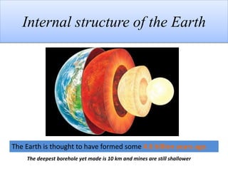Internal structure of the Earth
The Earth is thought to have formed some 4.6 billion years ago.
The deepest borehole yet made is 10 km and mines are still shallower
 
