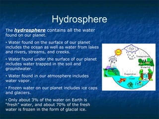 Hydrosphere
The hydrosphere contains all the water
found on our planet.
• Water found on the surface of our planet
includes the ocean as well as water from lakes
and rivers, streams, and creeks.
• Water found under the surface of our planet
includes water trapped in the soil and
groundwater.
• Water found in our atmosphere includes
water vapor.
• Frozen water on our planet includes ice caps
and glaciers.
• Only about 3% of the water on Earth is
“fresh” water, and about 70% of the fresh
water is frozen in the form of glacial ice.
 