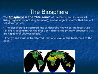 The Biosphere
The biosphere is the “life zone” of the Earth, and includes all
living organisms (including humans), and all organic matter that has not
yet decomposed.
• The biosphere is structured into a hierarchy known as the food chain
(all life is dependant on the first tier – mainly the primary producers that
are capable of photosynthesis).
• Energy and mass is transferred from one level of the food chain to the
next.
 