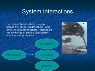 System Interactions
Hurricanes (atmosphere) sweep
across the ocean (hydrosphere) and
onto the land (lithosphere), damaging
the dwellings of people (biosphere)
who live along the coast.
Atmosphere
Hydrosphere
Lithosphere
Biosphere
 