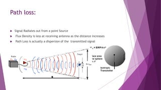 Path loss:
 Signal Radiates out from a point Source
 Flux Density is less at receiving antenna as the distance increases
 Path Loss is actually a dispersion of the transmitted signal
 