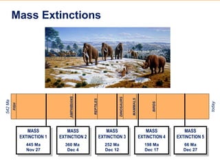 MASS
EXTINCTION 1
445 Ma
Nov 27
MASS
EXTINCTION 1
445 Ma
Nov 27
MASS
EXTINCTION 3
252 Ma
Dec 12
MASS
EXTINCTION 3
252 Ma
Dec 12
MASS
EXTINCTION 5
66 Ma
Dec 27
MASS
EXTINCTION 5
66 Ma
Dec 27
MASS
EXTINCTION 2
360 Ma
Dec 4
MASS
EXTINCTION 2
360 Ma
Dec 4
MASS
EXTINCTION 4
198 Ma
Dec 17
MASS
EXTINCTION 4
198 Ma
Dec 17
Mass Extinctions
542Ma
today
FISH
AMPHIBIANS
REPTILES
DINOSAURS
MAMMALS
BIRDS
 