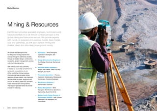 Market Sectors




     Mining & Resources
     EarthStream provides specialist engineers, technicians and
     natural scientists on a full time or contractual basis to the
     global mining and resources sectors. We provide experts
     with hands-on experience in precious metals, base metals,
     coal and diamonds, as well as in surface mining and
     shallow, deep and ultra-deep underground mining.


     Weƒprovideƒstaffƒthroughoutƒtheƒƒ            ƒƒ Geologistsƒ–ƒƒMineƒGeologists,ƒ
     fullƒlifecycleƒofƒminingƒprojectsƒfromƒ         ExplorationƒGeologists,ƒGeoƒ
     conceptƒthroughƒtoƒpreliminaryƒstudies,ƒ        Technicians
     throughƒtoƒdetailedƒdesign,ƒconstruction,ƒ
                                                  ƒƒ Design & Construction Engineersƒ–ƒ
     excavation,ƒprojectƒmanagement,ƒprocessƒ
                                                     Civil,ƒDesign,ƒElectrical,ƒMechanical,ƒ
     andƒchemicalƒengineering.ƒƒ
                                                     Projectƒ
     Withƒofficesƒacrossƒfiveƒcontinentsƒƒ
                                                  ƒƒ Specialist Mining Engineersƒ–ƒƒ
     itƒenablesƒusƒtoƒprovideƒcomprehensiveƒ
                                                     Project,ƒDrillƒ&ƒBlast,ƒƒMineƒ&ƒQuarryƒ
     servicesƒtoƒourƒcustomersƒinƒanyƒƒ
                                                     Mangers,ƒSurveyorsƒ
     ofƒtheƒworld’sƒkeyƒminingƒlocations.ƒƒƒ
     Ourƒcustomerƒbaseƒincludesƒminingƒ           ƒƒ Processing Specialistsƒ–ƒƒProcessƒ
     operatorsƒinƒbaseƒmetals,ƒcoalƒchemicalsƒ       Engineers,ƒMetallurgists,ƒMetallurgicalƒ
     ferrousƒmetals,ƒalumina,ƒaluminiumƒandƒ         Technicians,ƒChemicalƒEngineersƒ
     ironƒoreƒasƒwellƒasƒƒglobalƒEPCƒprovidersƒ
                                                  ƒƒ Maintenance Engineersƒ–ƒƒ
     toƒtheƒresourcesƒandƒminingƒsectors.ƒƒ
                                                     Mechanicalƒ&ƒElectrical
     Theƒrangeƒofƒspecialistƒskillsƒweƒprovideƒ
     includeƒtheƒfollowing;ƒ                      ƒƒ Mining Managementƒ–ƒMineƒ
                                                     Managers,ƒMaintenance,ƒOperations,ƒ
                                                     Engineering,ƒSuperintendents

                                                  ƒƒ Quality, Health, Safety, Security &
                                                     Environment (QHSSE)ƒ–ƒHSEƒOfficersƒ
                                                     &ƒMangers,ƒQAƒManagers,ƒEIAƒ
                                                     Consultants.ƒ



22   ENERGY   RESOURCES   ENVIRONMENT
 