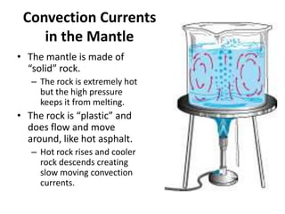 Convection Currents
in the Mantle
• The mantle is made of
“solid” rock.
– The rock is extremely hot
but the high pressure
keeps it from melting.
• The rock is “plastic” and
does flow and move
around, like hot asphalt.
– Hot rock rises and cooler
rock descends creating
slow moving convection
currents.
 