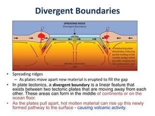 • Spreading ridges
– As plates move apart new material is erupted to fill the gap
• In plate tectonics, a divergent boundary is a linear feature that
exists between two tectonic plates that are moving away from each
other. These areas can form in the middle of continents or on the
ocean floor.
• As the plates pull apart, hot molten material can rise up this newly
formed pathway to the surface - causing volcanic activity.
Divergent Boundaries
 