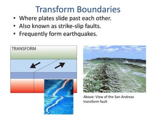 • Where plates slide past each other.
• Also known as strike-slip faults.
• Frequently form earthquakes.
Transform Boundaries
Above: View of the San Andreas
transform fault
 