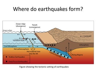 Where do earthquakes form?
Figure showing the tectonic setting of earthquakes
 