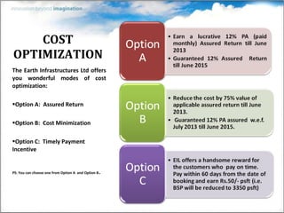 COST OPTIMIZATION The Earth Infrastructures Ltd offers you wonderful modes of cost optimization: Option A:  Assured Return Option B:  Cost Minimization Option C:  Timely Payment Incentive PS: You can choose one from Option A  and Option B . 