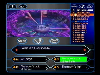 What is a lunar month?
31 days The moon’s orbit
of the Earth
The moon’s orbit
of the sun
The moon’s light