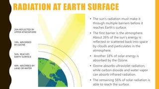 RADIATION AT EARTH SURFACE
• The sun’s radiation must make it
through multiple barriers before it
reaches Earth’s surface.
• The first barrier is the atmosphere.
About 26% of the sun’s energy is
reflected or scattered back into space
by clouds and particulates in the
atmosphere.
• Another 18% of solar energy is
absorbed by the Ozone.
• Ozone absorbs ultraviolet radiation,
while carbon dioxide and water vapor
can absorb infrared radiation.
• The remaining 56% of solar radiation is
able to reach the surface.
 