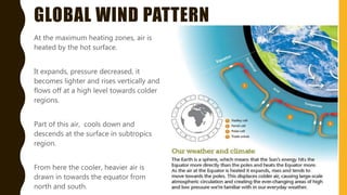 GLOBAL WIND PATTERN
At the maximum heating zones, air is
heated by the hot surface.
It expands, pressure decreased, it
becomes lighter and rises vertically and
flows off at a high level towards colder
regions.
Part of this air, cools down and
descends at the surface in subtropics
region.
From here the cooler, heavier air is
drawn in towards the equator from
north and south.
 