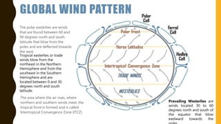 The area where the air rises, where
northern and southern winds meet, the
tropical front is formed and is called
Intertropical Convergence Zone (ITCZ)
The polar easterlies are winds
that are found between 60 and
90 degrees north and south
latitude that blow from the
poles and are deflected towards
the west.
Tropical easterlies or trade
winds blow from the
northeast in the Northern
Hemisphere and from the
southeast in the Southern
Hemisphere and are
located between 0 and 30
degrees north and south
latitude.
Prevailing Westerlies are
winds located 30 to 60
degrees north and south of
the equator that blow
eastward towards the
GLOBAL WIND PATTERN
 