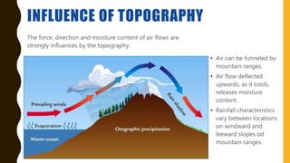 INFLUENCE OF TOPOGRAPHY
The force, direction and moisture content of air flows are
strongly influences by the topography.
• Air can be funneled by
mountain ranges.
• Air flow deflected
upwards, as it cools,
releases moisture
content.
• Rainfall characteristics
vary between locations
on windward and
leeward slopes od
mountain ranges.
 
