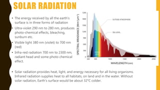 SOLAR RADIATION
• The energy received by all the earth’s
surface is in three forms of radiation
• Ultra-violet 290 nm to 280 nm, produces
photo-chemical effects, bleaching,
sunburn etc.
• Visible light 380 nm (violet) to 700 nm
(red)
• Infra-red radiation 700 nm to 2300 nm,
radiant head and some photo chemical
effect.
• Solar radiation provides heat, light, and energy necessary for all living organisms.
Infrared radiation supplies heat to all habitats, on land and in the water. Without
solar radiation, Earth’s surface would be about 32°C colder.
 