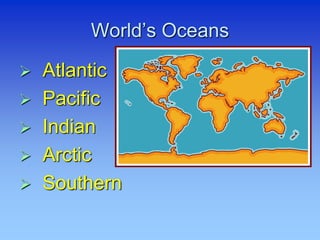 World’s Oceans
 Atlantic
 Pacific
 Indian
 Arctic
 Southern
 
