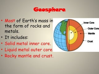 Geosphere
• Most of Earth’s mass in
the form of rocks and
metals.
• It includes:
• Solid metal inner core.
• Liquid metal outer core.
• Rocky mantle and crust.
 