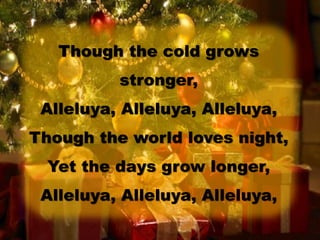 Though the cold grows
stronger,
Alleluya, Alleluya, Alleluya,
Though the world loves night,
Yet the days grow longer,
Alleluya, Alleluya, Alleluya,