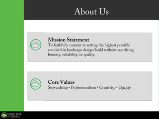 About Us
Mission Statement
To faithfully commit to setting the highest possible
standard in landscape design/build without sacrificing
honesty, reliability, or quality.
Core Values
Stewardship • Professionalism • Creativity • Quality
 