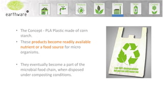 • The Concept - PLA Plastic made of corn
starch.
• These products become readily available
nutrient or a food source for micro
organisms.
• They eventually become a part of the
microbial food chain, when disposed
under composting conditions.

 