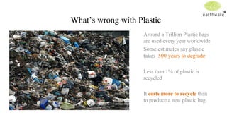 What’s wrong with Plastic
Around a Trillion Plastic bags
are used every year worldwide

Some estimates say plastic
takes 500 years to degrade
Less than 1% of plastic is
recycled
It costs more to recycle than
to produce a new plastic bag.

 