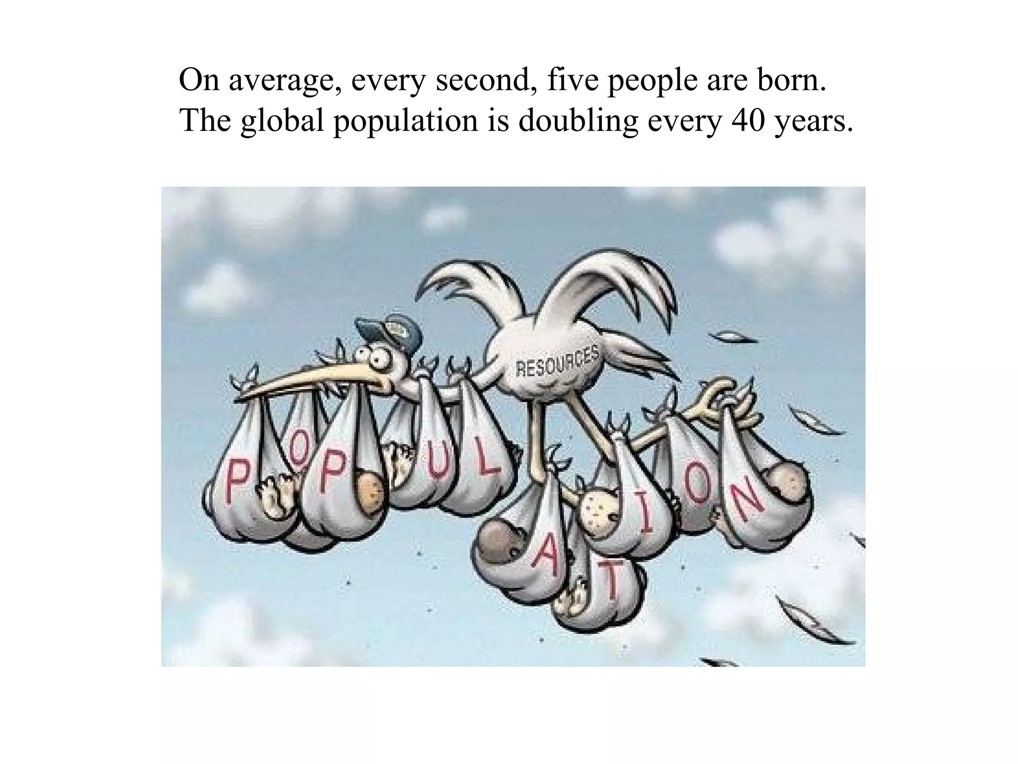 On average, every second, five people are born.
The global population is doubling every 40 years.
 