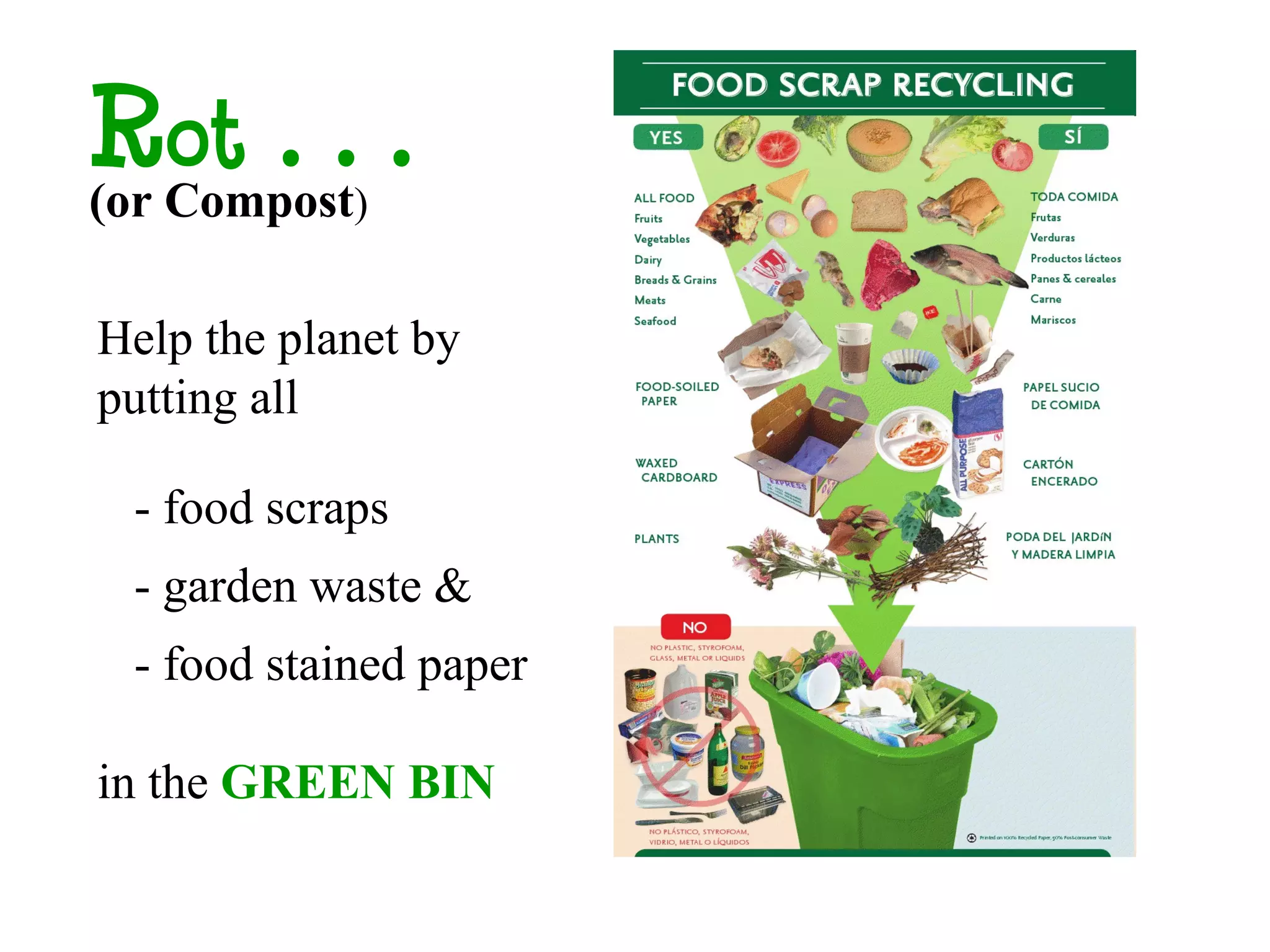 Rot…
(or Compost)

Help the planet by
putting all

 - food scraps
 - garden waste &
 - food stained paper

in the GREEN BIN
 
