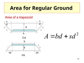 13
Area for Regular Ground
Area of a trapezoid
Cut
d
s
d
s
d
1
b
s s
1
Fill
b
sd
d
s
1
sd
2
sd
bd
A 

 